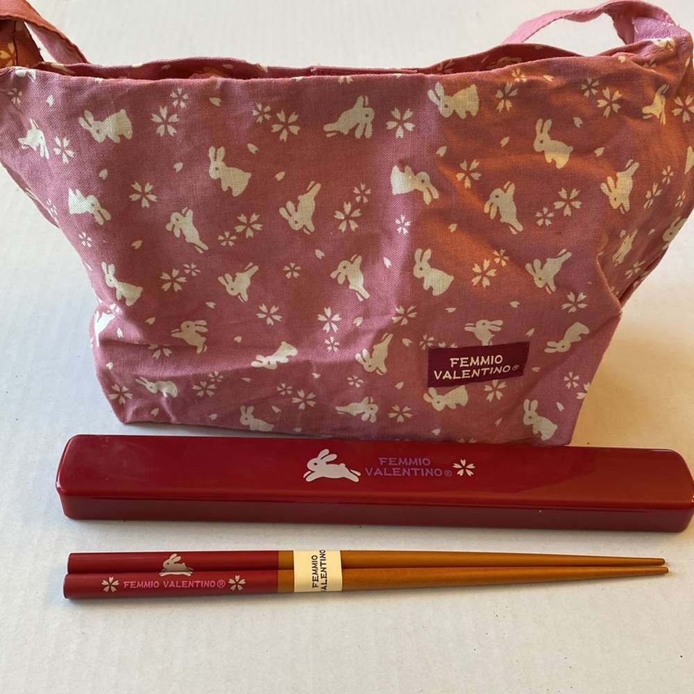 Femmio Valentino Vintage Chopsticks and Bento Bag. Rabbit 🐇 design. Never used.